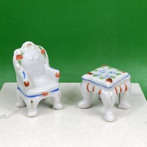 Occupied Japan Miniature Dollhouse Chair And End Table Flowered White porcelain